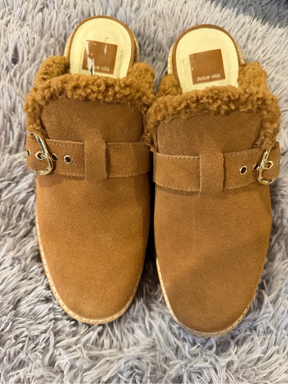 Dolce Vita Tan Suede Shearling-Trim Mule with Buckle